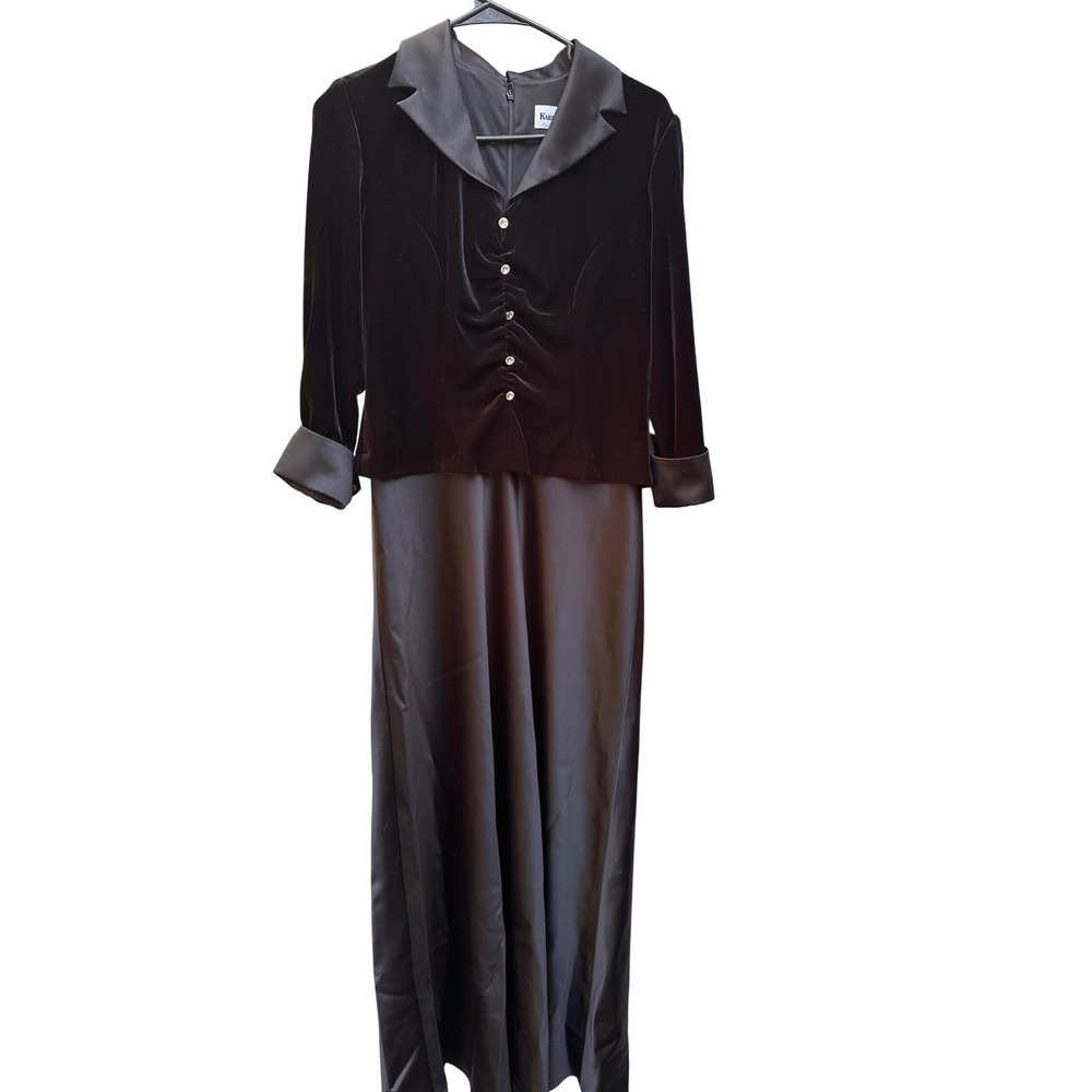 Karen Miller NYBlack Velvet Satin Gown Crystal Button‎ Evening Dress Size 8